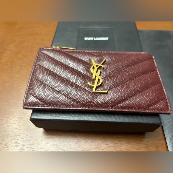 Saint Laurent YSL Cassandre Matelassé Zipped Card Case Burgundy Leather Wallet - Picture 3 of 14